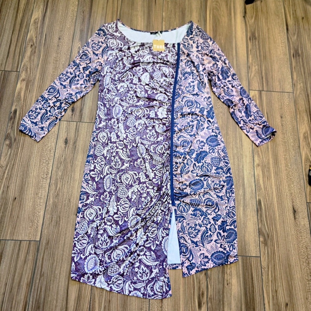Isabel + Alice 1X Blue Purple Floral Paisley Ruched Asymmetrical Midi Dress